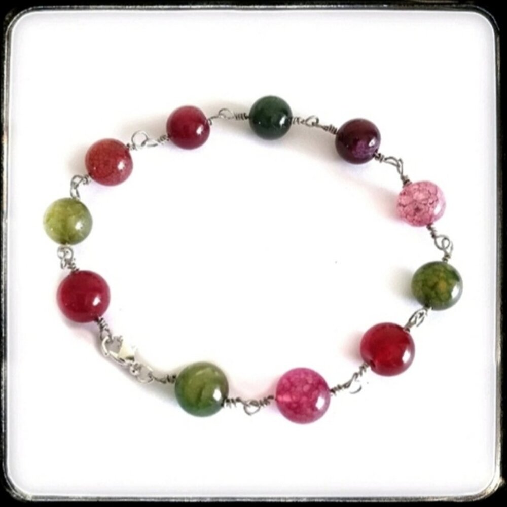 Pink green watermelon agate beaded wire wrapped bracelet new handmade